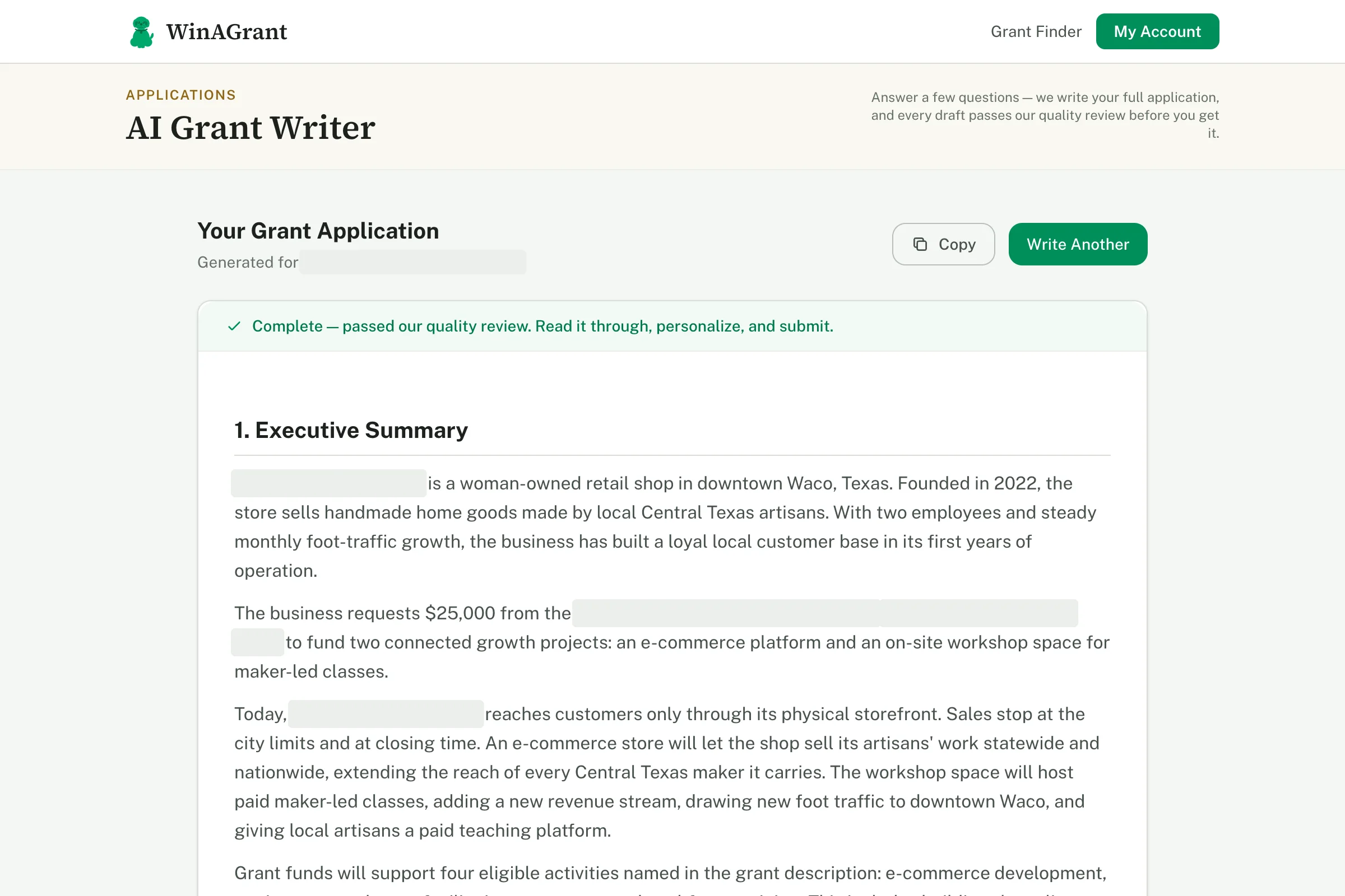 A complete grant application drafted in the WinAGrant grant writer