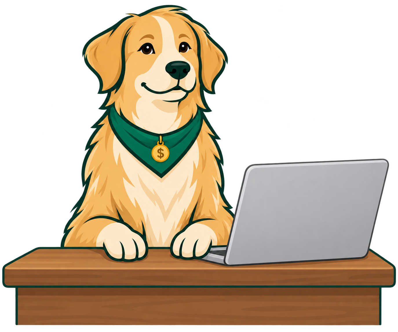 Scout, the WinAGrant grant-finding dog, at his desk with a laptop